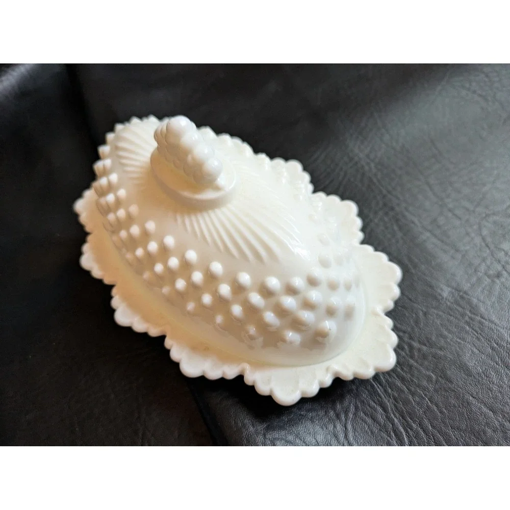 Fenton White Milk Glass Hobnail Butter Dish Scalloped Edge Vintage Mid Century